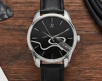 Reloj de guitarra en blanco y negro, regalo para músicos, accesorio para amantes de la música, regalo para guitarristas acústicos, regalo para guitarristas de bandas de rock.