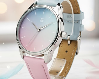 Orologio rosa pastello e blu, orologio rosa chiaro color zucchero filato, grazioso accessorio primaverile, orologio da polso da donna con estetica delicata, regalo per ragazze adolescenti