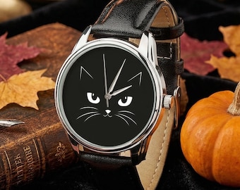 Orologio con quadrante di gatto nero, orologio felino minimalista, gioiello stregonesco dall'estetica dark, regalo per lei amante degli animali, accessorio carino per gattini e amanti dei gatti