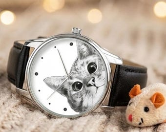 Black and White Cat Watch, Minimalist Feline Watch, Crazy Cat Lady Gift, Pet Lover Present for Her, Cute Monochrome Animal Jewelry Accessory