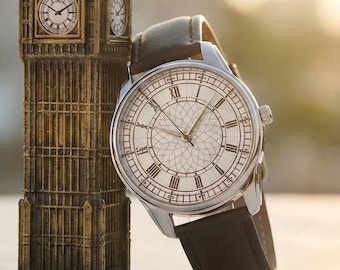 Reloj Big Ben de Londres, minimalista en blanco y negro, recuerdo de viaje británico, regalo para ella, accesorio inspirado en la arquitectura de Inglaterra.