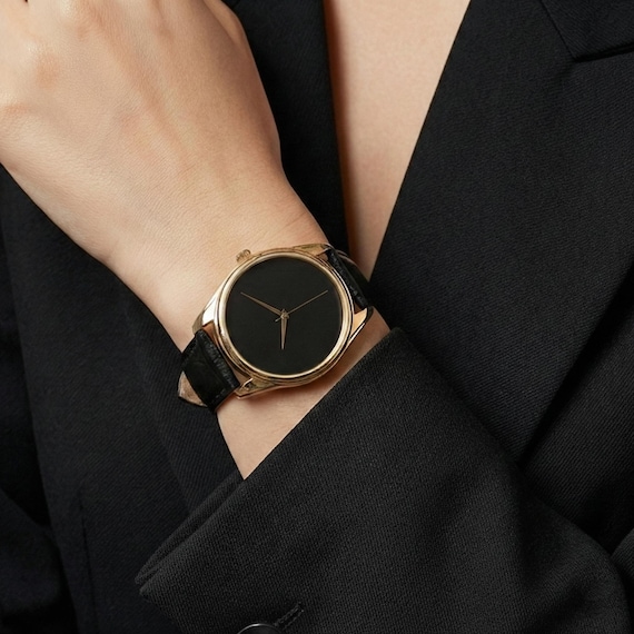 Minimalist Black Womens Watch, Gold Case, Vegan Leather  display picture 1