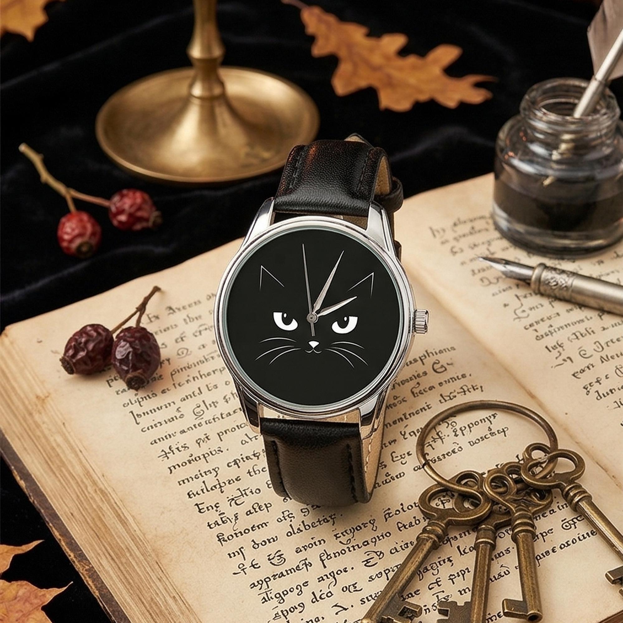 Black Cat Face Watch, Minimalist Feline Watch, Dark 