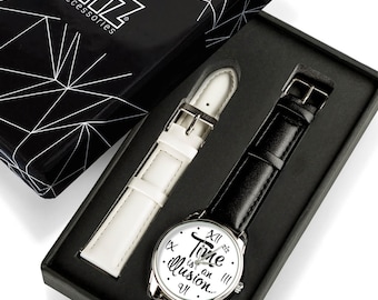 Time Is An Illusion Black Watch/ Black Wrist Watch/ Funny Gift Watch/ Women  Gift Watches/ Men's Watch/ Quotes Watch/ Black White Wrist Watch