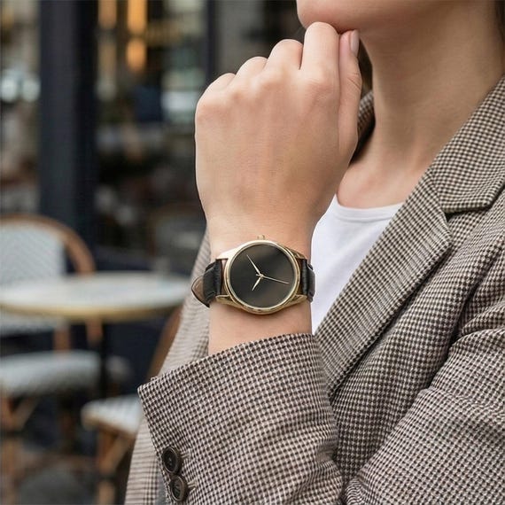 Black Minimalist Womens Watch, Gold Case, Vegan Leather Strap Ladies Fashion Watch, Classic Gift for Her, Elegant Dress Watch, Ethical Watch Black Minimalist Womens Watch, Gold Case, Vegan Leather Strap Ladies Fashion Watch, Classic Gift for Her, Elegant Dress Watch, Ethical Watch