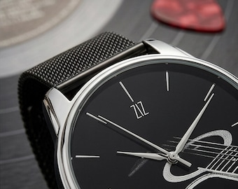 Guitar Black Stainless Steel Watch / Guitar Watch/ Stainless Steel Watch/ Unisex Watch/ Black Guitar Watch/ Men's Watch/ Women's Watches
