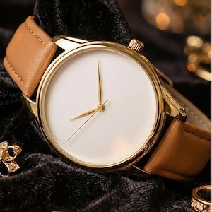 Caramel Brown Minimalist Watch, Gold Case Neutral Everyday Watch, Old Money Aesthetic Ladies Watch, Quiet Luxury Vintage Style Gift for Her