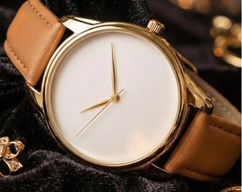 Caramel Brown Minimalist Watch, Gold Case Neutral Everyday Watch, Old Money Aesthetic Ladies Watch, Quiet Luxury Vintage Style Gift for Her