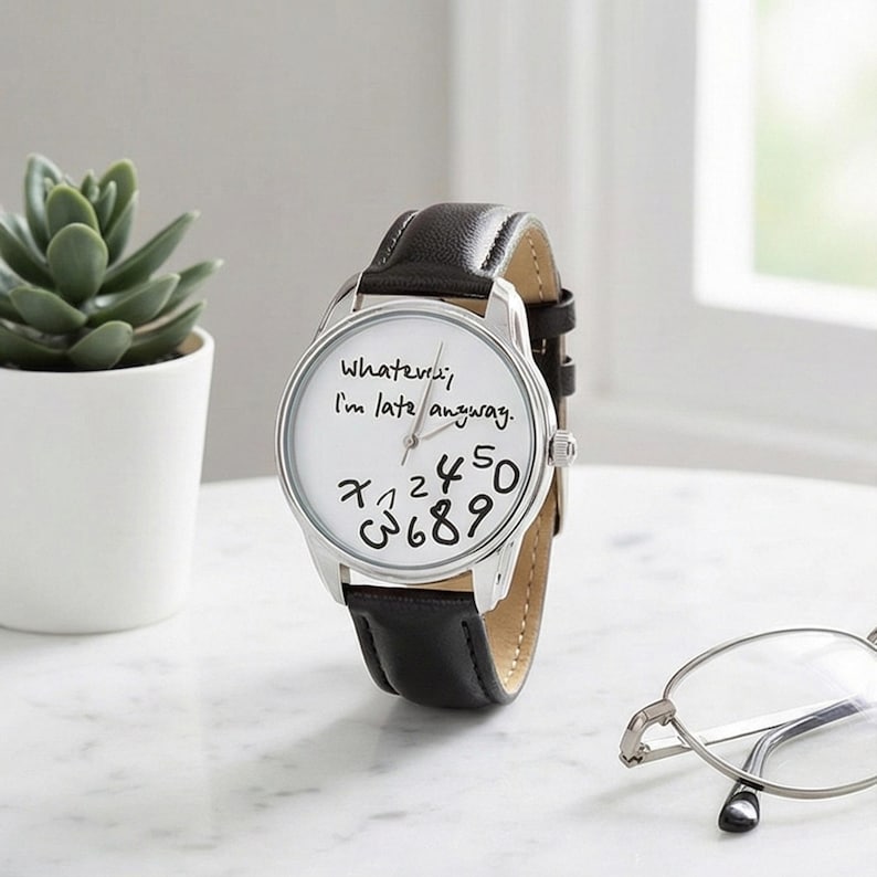 Whatever I'm Late Anyway, Funny Black White Watch, Falling Numbers, Sarcastic Humor Gift, Novelty Joke Wristwatch, Procrastinator Teen Gift