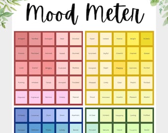 Puede incluir: Un gráfico colorido "Mood Meter" con un título negro. El gráfico está dividido en cuadrados, cada uno etiquetado con una emoción diferente, que va desde "Enfurecido" hasta "Sereno". El fondo tiene un efecto acuarela con hojas verdes.