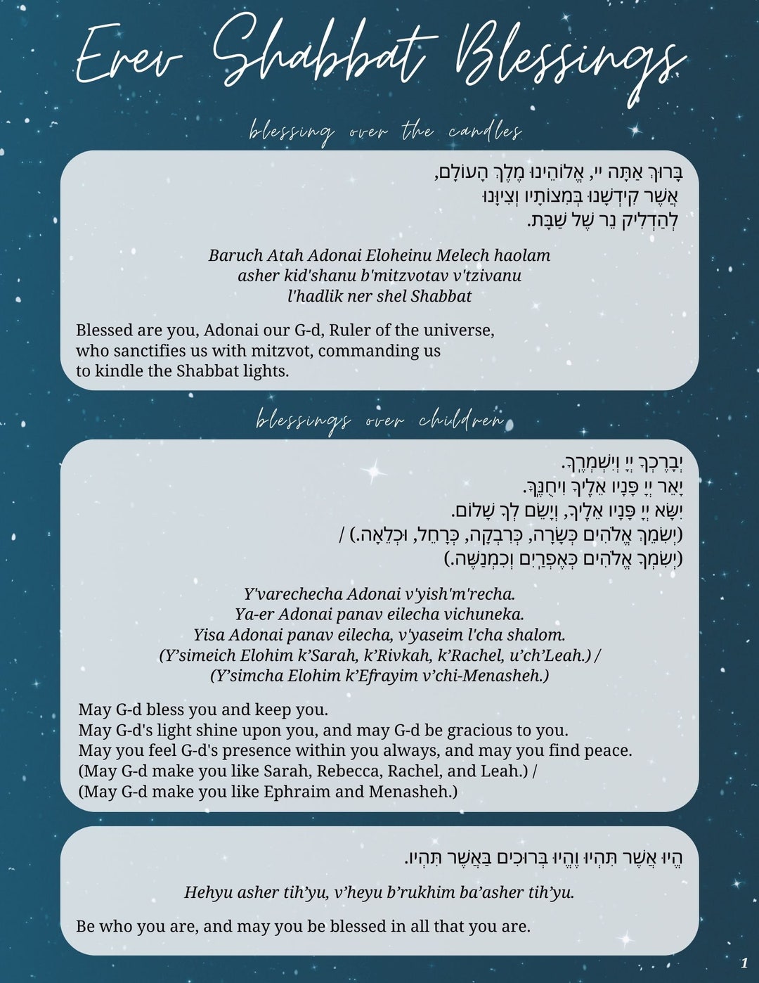 PRINTABLE Erev Shabbat Friday Night Blessings (digital Download) - One ...