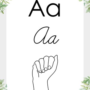 May include: Black and white illustration of the letter A in uppercase and lowercase, along with a hand sign representing the letter in British Sign Language.