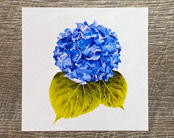 Mini Art Print, 4x4 Hydrangea Art Print, Flower Art Print, Gift for Flower Lover, Spring Flower Decor, Flower Art Print, Blue Flower Print