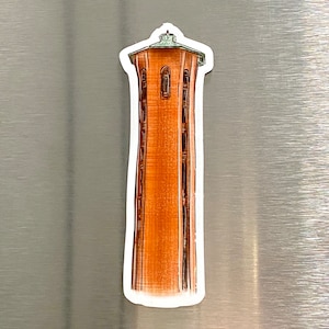 May include: A sticker featuring a tall, brick water tower with a green roof. The tower has arched windows and a detailed illustration style, with a white border. The sticker is likely for decoration.