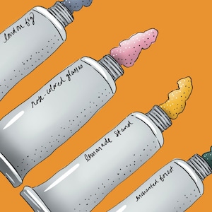 Puede incluir: Cuatro tubos de pintura con pintura de diferentes colores exprimida desde la parte superior. Los tubos est&aacute;n etiquetados como "London Fog", "Rose-colored Glasses", "Lemonade Stand" y "Enchanted Forest".