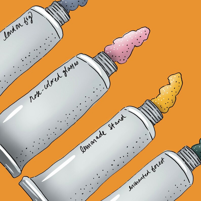 Puede incluir: Cuatro tubos de pintura con pintura de diferentes colores exprimida desde la parte superior. Los tubos est&aacute;n etiquetados como "London Fog", "Rose-colored Glasses", "Lemonade Stand" y "Enchanted Forest".