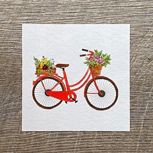 Mini Art Print, 4x4 Bicycle Art Print, Spring Decoration, Home Decor, Spring Wall Decor, Wall Hangings, Red Bike Art Print, Flower Basket