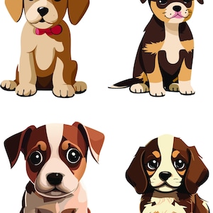 Puede incluir: Cuatro ilustraciones de dibujos animados de cachorros en diferentes poses. Los cachorros son marrones, negros y blancos con ojos grandes y expresiones lindas.