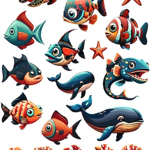 Może przedstawiać: Kolorowa ilustracja różnych stworzeń morskich, w tym ryb, wielorybów, żółwia i rozgwiazd. Ilustracja jest umieszczona na białym tle.