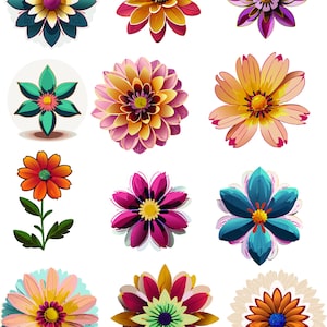 May include: A collection of 12 colorful paper flowers in various styles and colors, including pink, yellow, orange, blue, and purple. The flowers are arranged in a grid pattern on a white background.