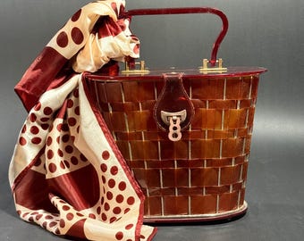 Bolso de mano Dorset Rex Lucite de los años 50: bolso de mimbre tejido, color tortuga y burdeos