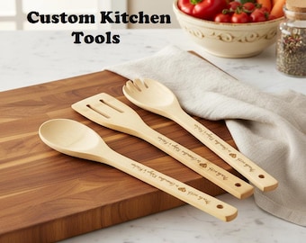 Personalized Bamboo Kitchen Utensil Set – Engraved Spoon, Spatula & Spork