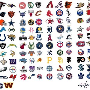 May include: A colorful chart of logos for various sports teams. The logos are arranged in a grid pattern and include teams from the NFL, NBA, MLB, NHL, and MLS.