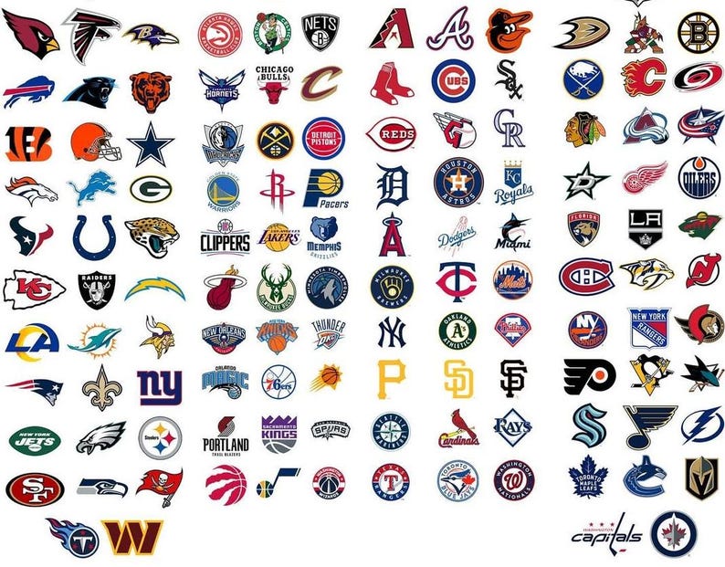 May include: A colorful chart of logos for various sports teams. The logos are arranged in a grid pattern and include teams from the NFL, NBA, MLB, NHL, and MLS.