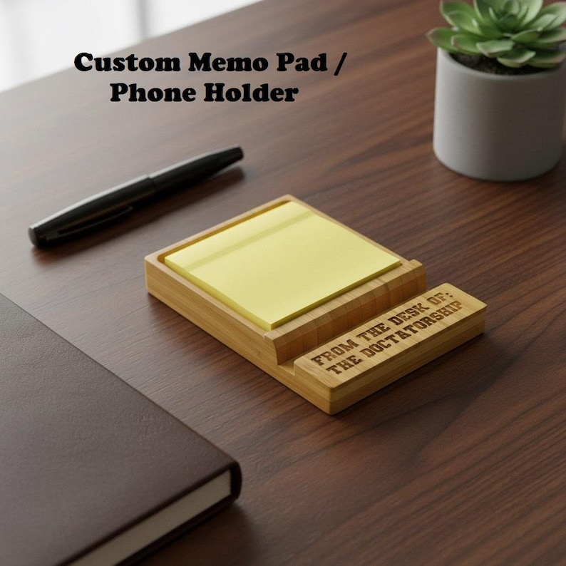 Personalized Bamboo Memo Pad and Phone Holder – Laser Engraved Desk Set image 1