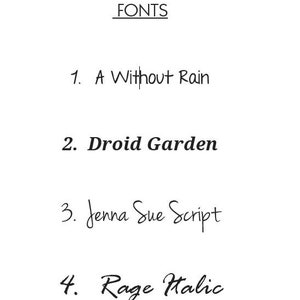 May include: A list of four fonts, each with a number and name: 1. A Without Rain, 2. Droid Garden, 3. Jenna Sue Script, 4. Rage Halic.