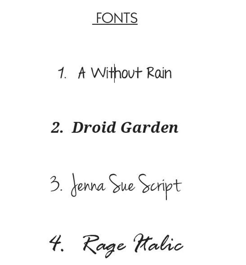 May include: A list of four fonts, each with a number and name: 1. A Without Rain, 2. Droid Garden, 3. Jenna Sue Script, 4. Rage Halic.