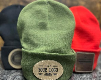Custom Logo Beanie | Personalized Leather Patch, Winter Hat
