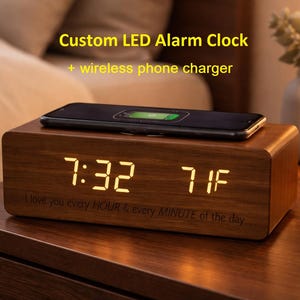 Custom Wood Finish LED Alarm Clock with Wireless Charger, Dimmable Display, Temperature, Date