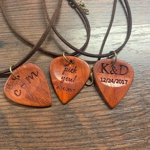 Design a Guitar Pick Necklace Custom Wood Guitar Picks Necklaces Leather Cord Etsy