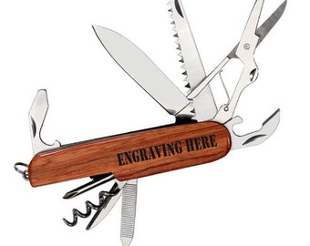 Personalized 8 Function Rosewood Pocket Knife - Laser Engraved with YOUR NAME! - Swiss Army Like Style