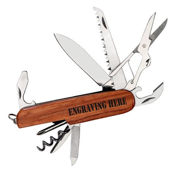 Personalized 8 Function Rosewood Pocket Knife - Laser Engraved with YOUR NAME! - Swiss Army Like Style