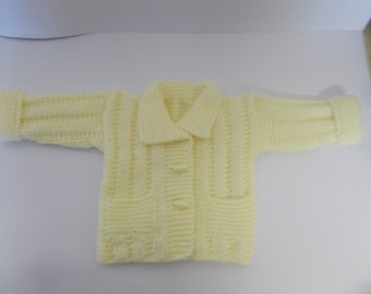 Hand Knitted Aran Baby Cardigan /Jacket.  0-3 Months Lemon