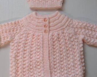 Hand Knitted Shimmer Peach Baby Cardigan and Hat Set: Newborn Gift