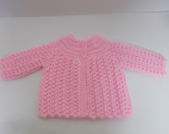 Hand Knitted Baby Cardigan.  Candy Pink Hand Knitted Baby Matinee Coat.  0-3 month Baby Cardigan.  Baby Shower Gift.  Knitted Cardigan