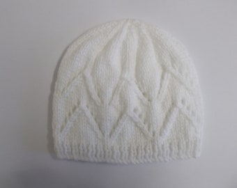 Hand Knitted Baby Hat.  White Baby Hat.  Hand Knitted White Newborn Baby Hat.  Eyelet Zigzag Hat