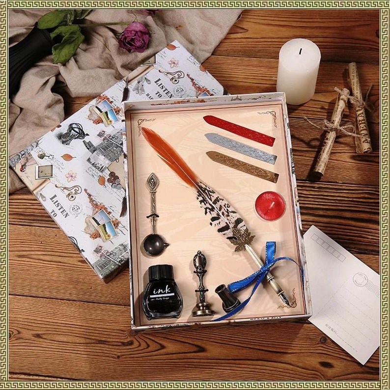 3 Lacquer wax 1 Spoon Vintage Peacock Feather Pen Personality Dip Water Pen Set Creative Metal Fountain Pen Gift Box For 1 Seal