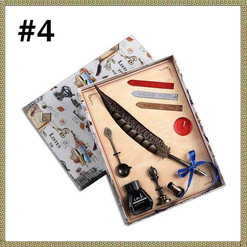 3 Lacquer wax 1 Spoon Vintage Peacock Feather Pen Personality Dip Water Pen Set Creative Metal Fountain Pen Gift Box For 1 Seal