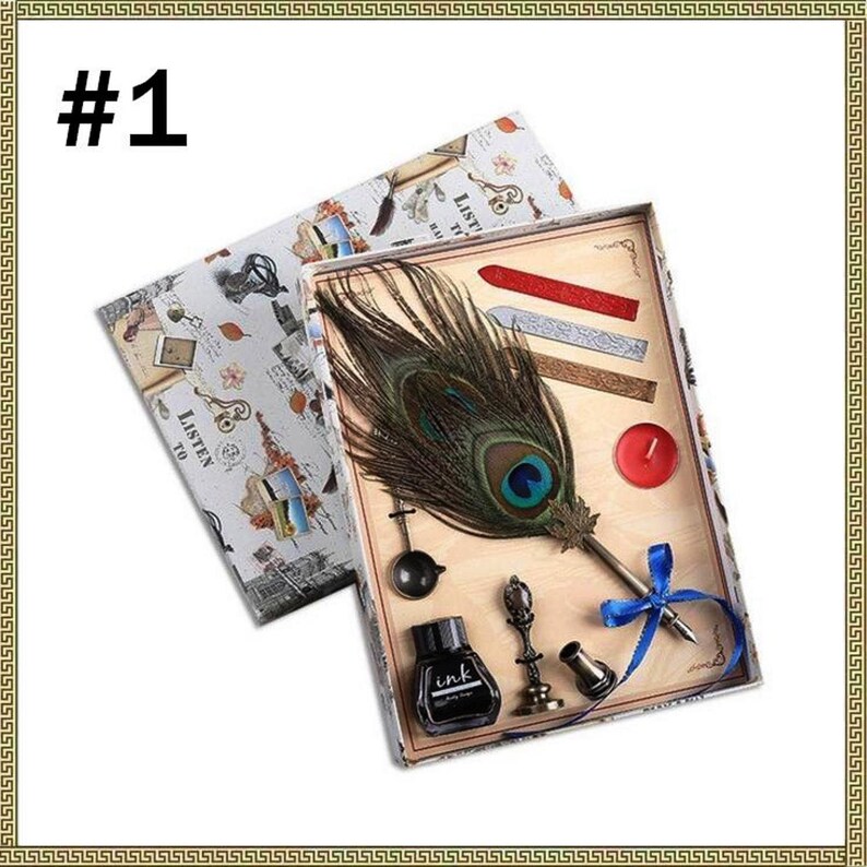 3 Lacquer wax 1 Spoon Vintage Peacock Feather Pen Personality Dip Water Pen Set Creative Metal Fountain Pen Gift Box For 1 Seal