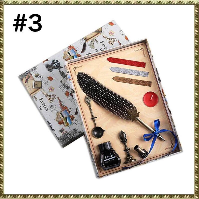 3 Lacquer wax 1 Spoon Vintage Peacock Feather Pen Personality Dip Water Pen Set Creative Metal Fountain Pen Gift Box For 1 Seal
