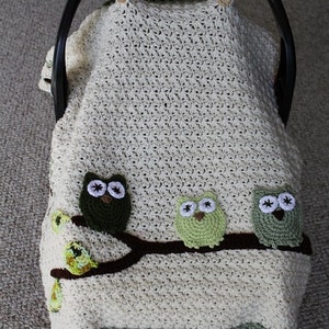 Patrón de crochet (descarga instantánea, archivo PDF), funda para asiento de coche con forma de tienda, manta para cochecito/coche, búhos, manta para niño pequeño, manta para bebé