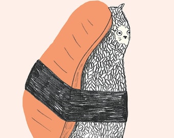 Puede incluir: Una ilustración de dibujos animados de un gato envuelto en algas y arroz, que se asemeja a un rollo de sushi. El gato tiene una expresión de sorpresa y mira hacia la derecha. Hay dos pequeños cuencos de salsa verde y un pequeño plato con una cucharada de salsa verde en el lado derecho de la imagen. El texto "OHARA Hale" está en la parte inferior de la imagen.