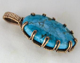 Turquoise in Copper Prong Pendant, Wrapped in Copper, Wire Wrapped Pendant, Wire Wrapped Jewelry, Wire Wrap Jewelry, Unisex Pendant