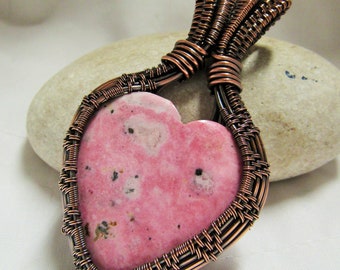 Pink Rhodonite Heart Pendant, Wire Wrapped Pendant, Wire Wrapped Jewelry, Heart Pendant, Copper Jewelry, Gift for Her