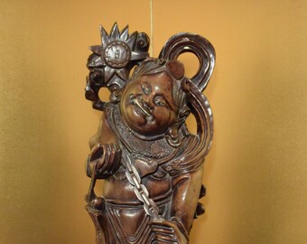 Antique Chinese Wooden Statue of LiuHai Chan With Foo Dog / Chinese Immortal Figurine