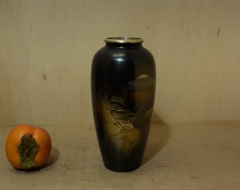 Vintage Japanese Metal  Vase  Etching Design Mt. Fuji And Seaside Scenery